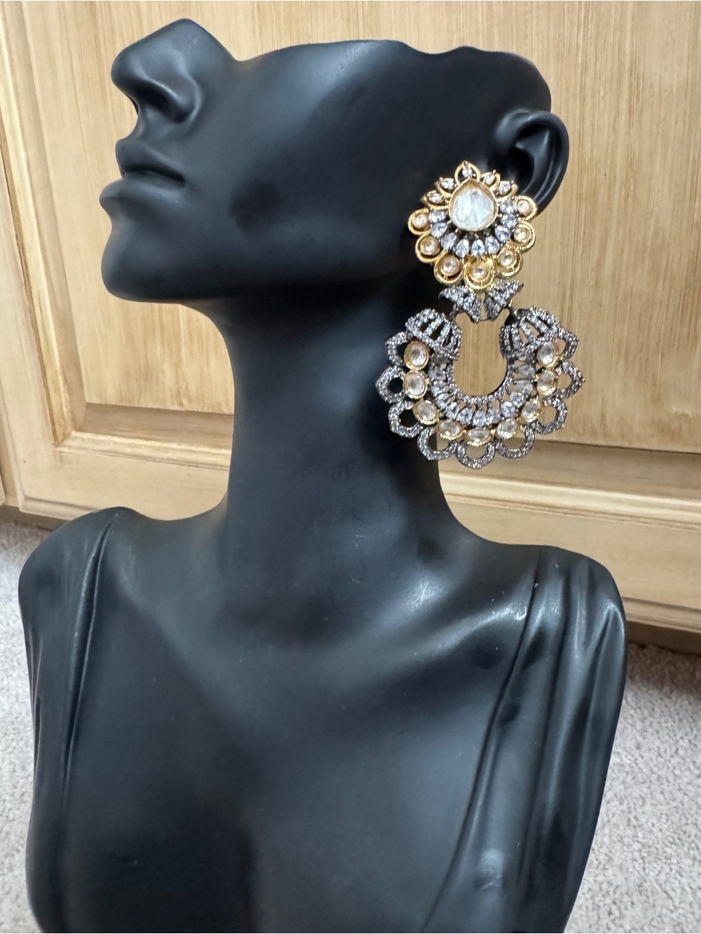 Gold and Clear Crystal Ornate Drop Earrings - Women Jewelry